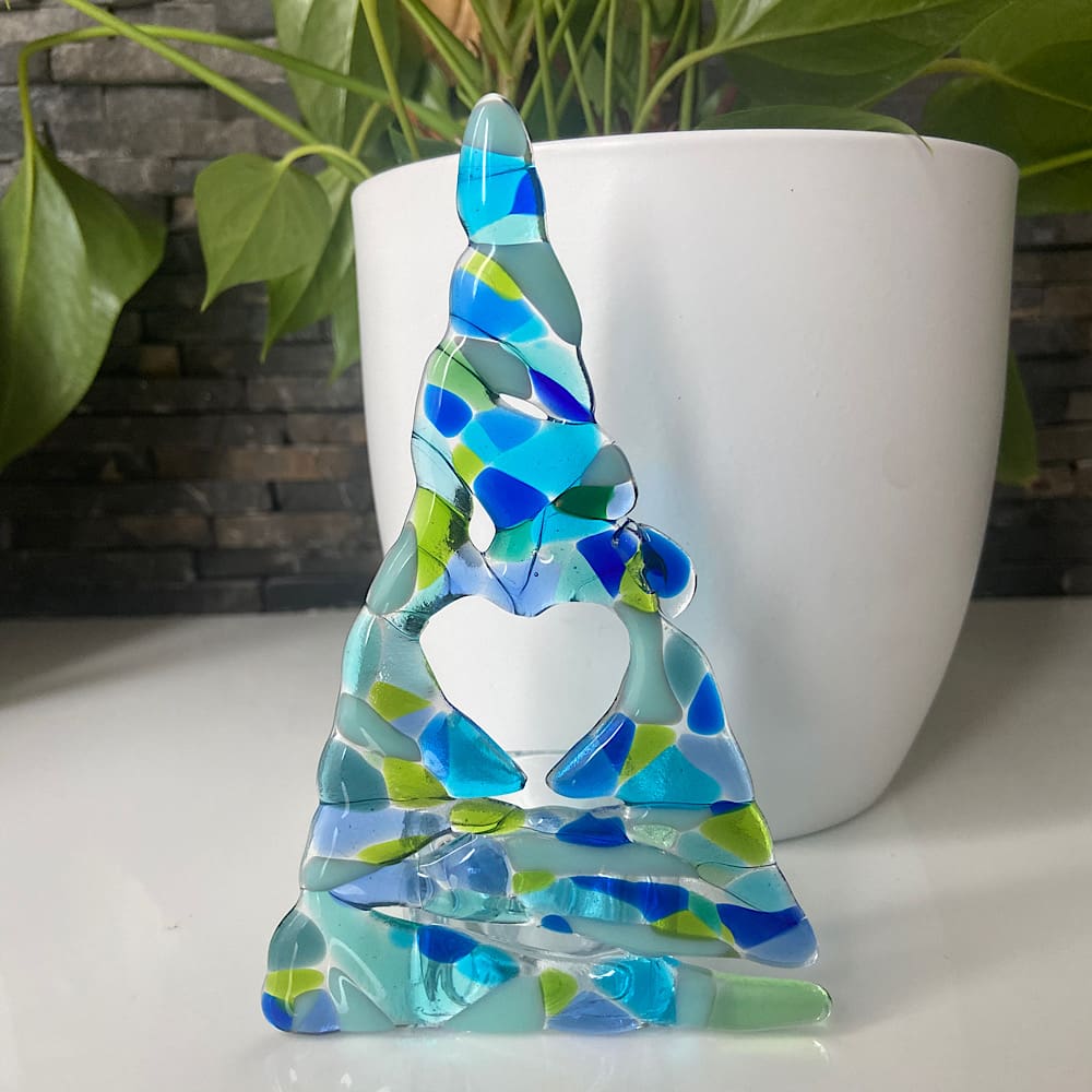 Fused glass Blue organic Christmas tea light holder.