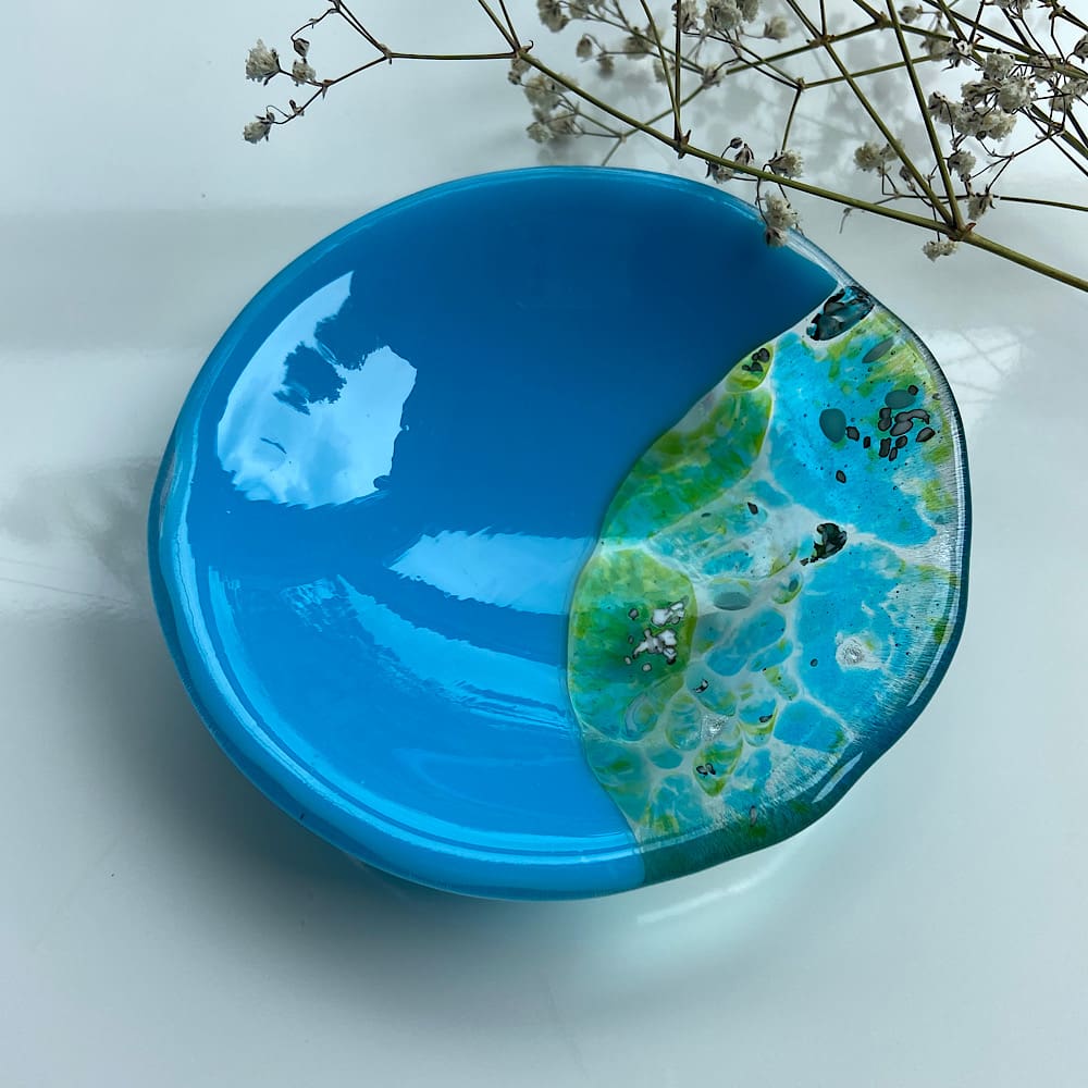 Blue fused glass organic shaped trinket dish.