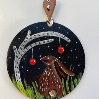 Hand painted wooden Bauble, Hare tree and 2 hanging Baubles