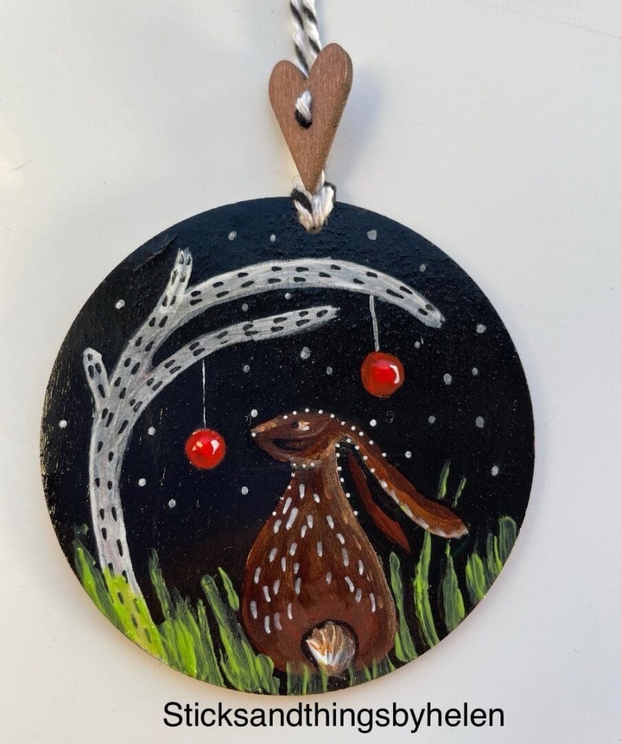 Hand painted wooden Bauble, Hare tree and 2 hanging Baubles