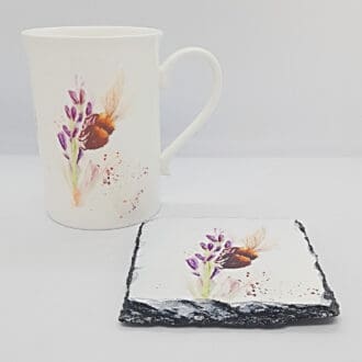 Fine china mug and slate coaster featuring Bumble Bee Art