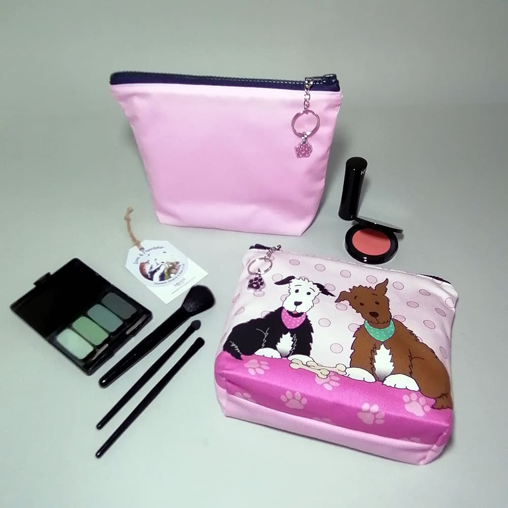 Make up purse or toiletries bags. Two sweet dogs on face and pink cotton on reverse