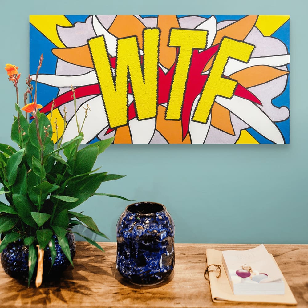 Canvas print WTF pop art on blue wall