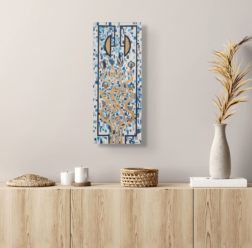 Canvas print spring rain art nouveau blue and white in situ