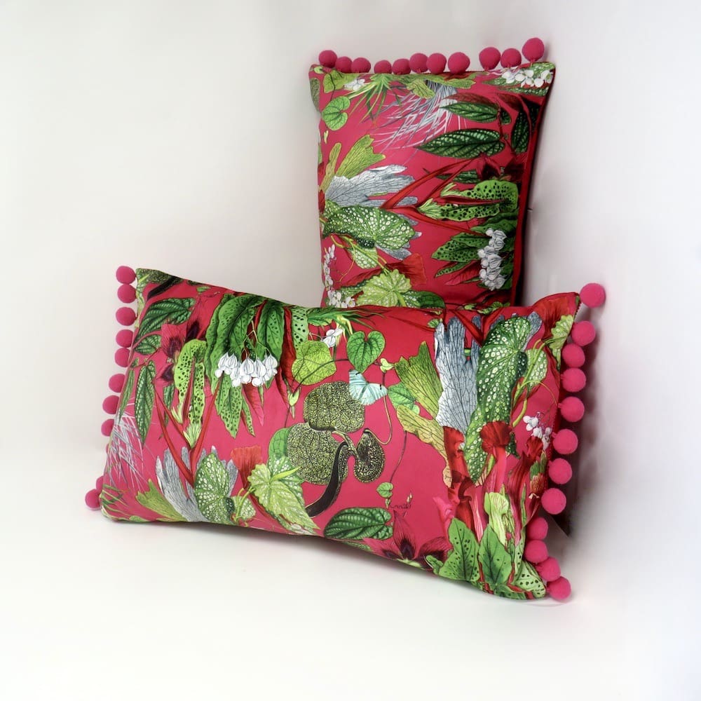 Cerise boudoir cushion with pom pom trim