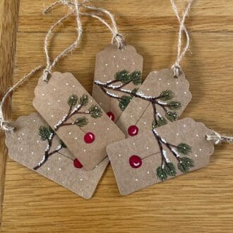 Five Christmas Gift tags, Hand drawn, Pine Branch and Bauble, Snow.