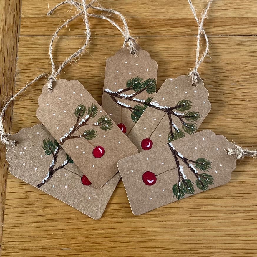 Five Christmas Gift tags, Hand drawn, Pine Branch and Bauble, Snow.