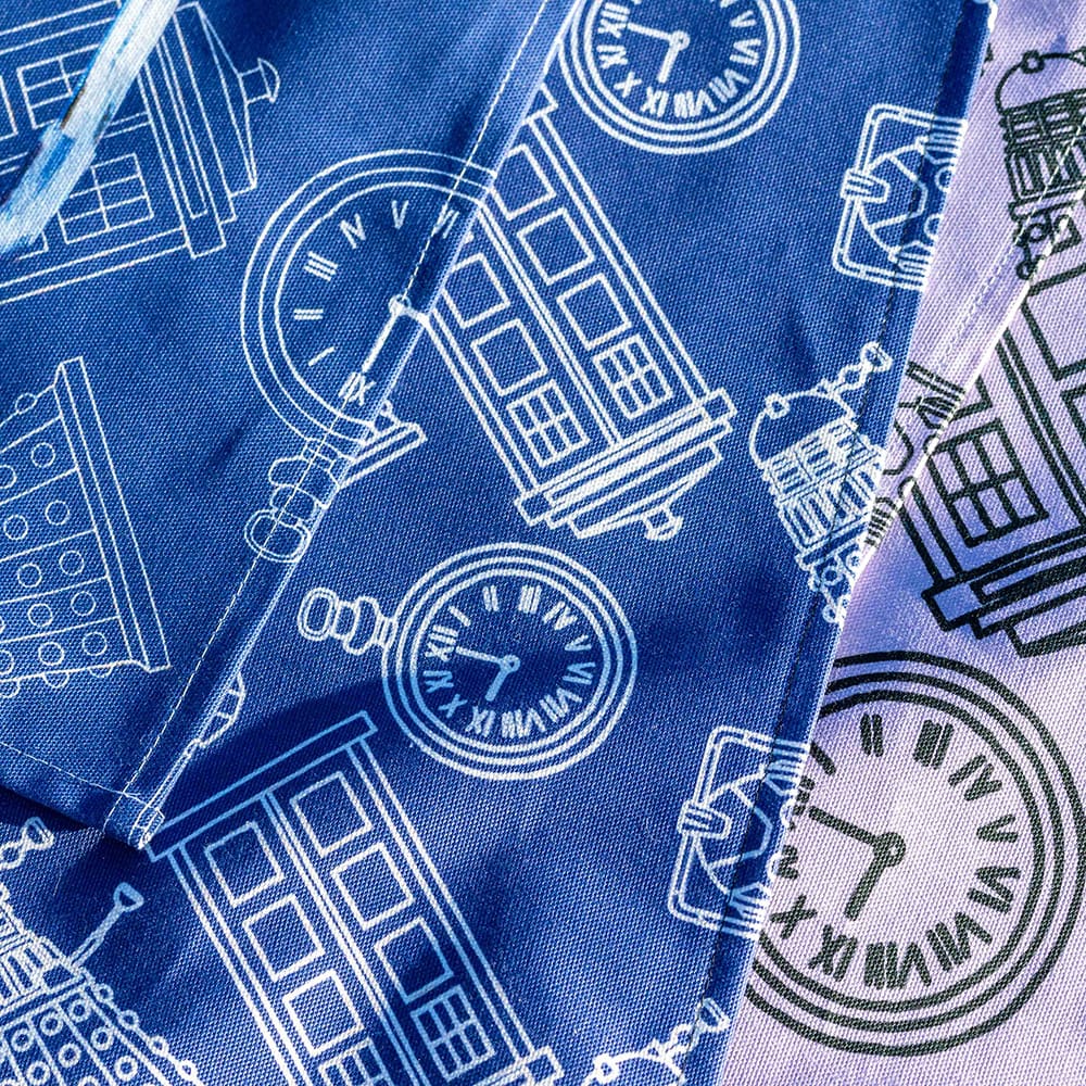 Cyberman inspired adult cotton apron on blue close up