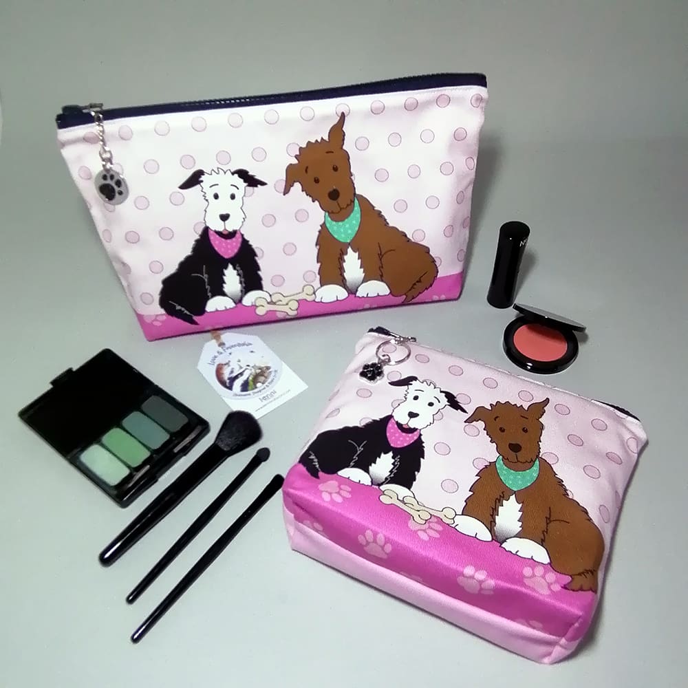 Large toiletries bag with matching make up bag featuring two cute dogs print