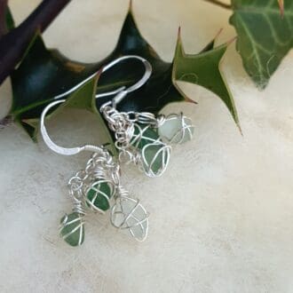 Dainty Dangly triple sea glass and silver earrings in shades of green and white