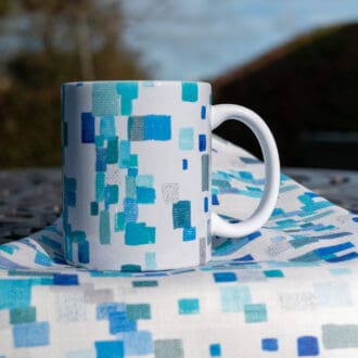 Designer ceramic mug spring rain blue white