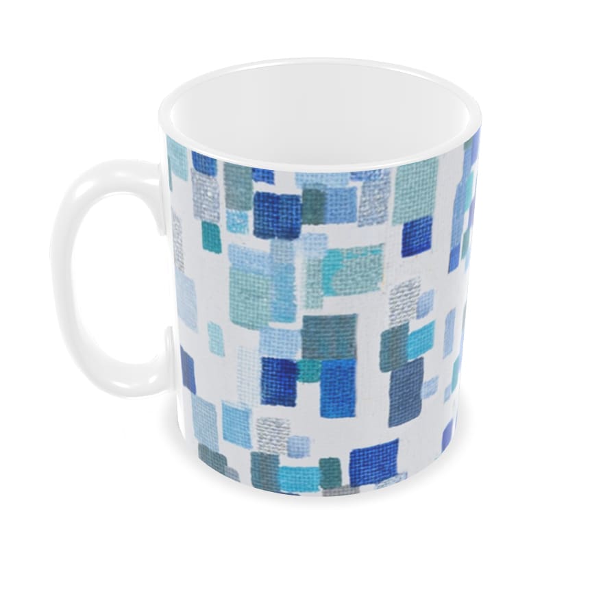 Designer ceramic mug spring rain blue white design