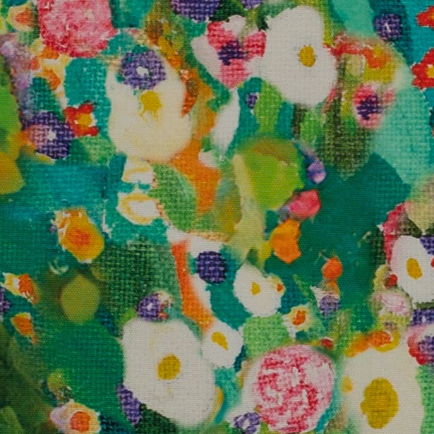 Designer cotton apron floral close up