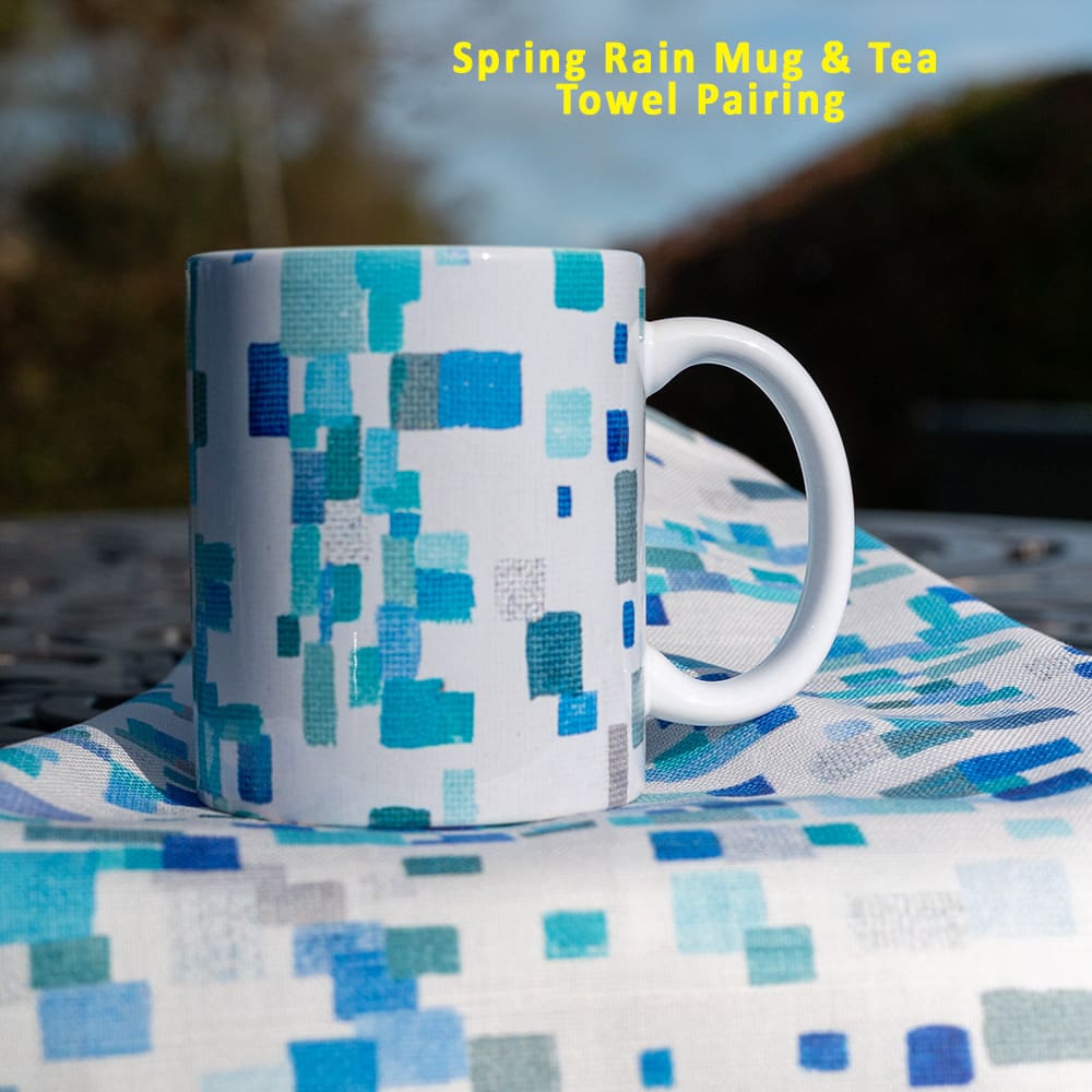 Designer cotton tea towel with mug spring rain blue white