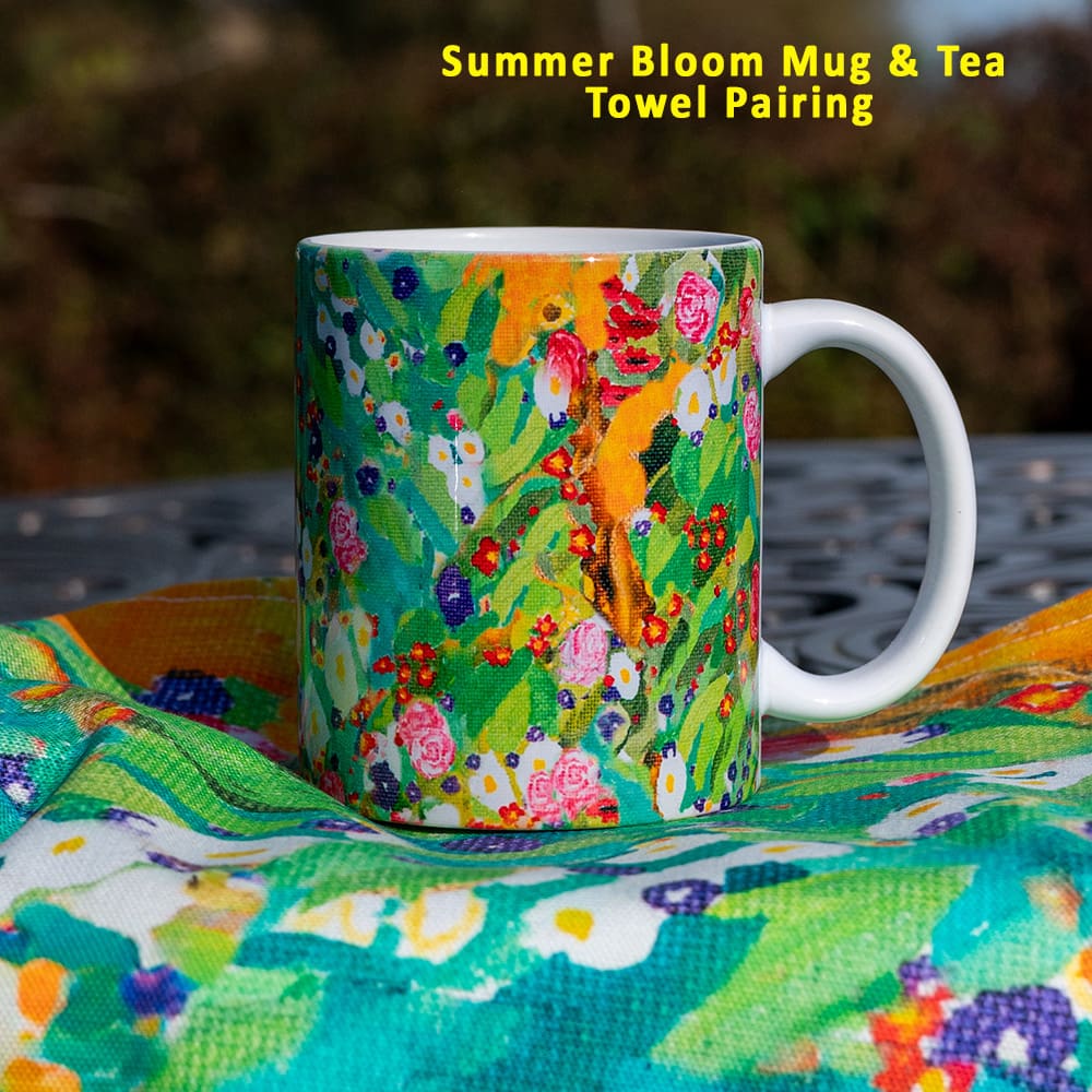 Designer cotton tea towel with mug summer bloom floral