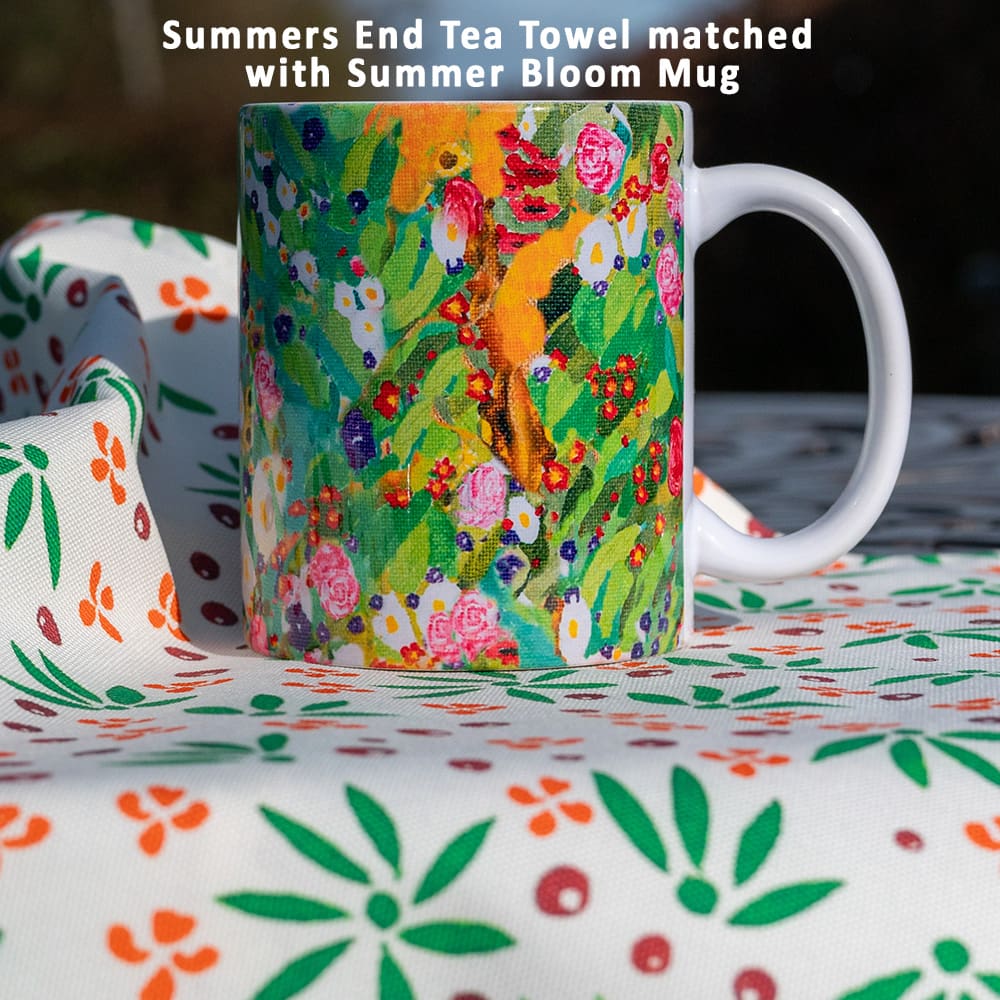 Designer cotton tea towel with mug summers end floral