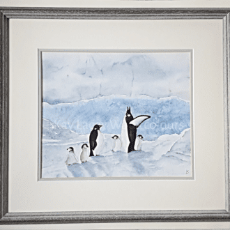 Framed Original painting of Emperor Penguins in Watercolour