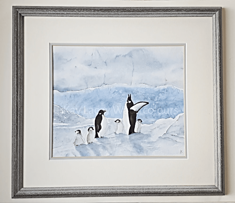 Framed Original painting of Emperor Penguins in Watercolour