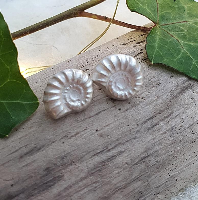 A pair of matt silver ammonite fossil stud earrings