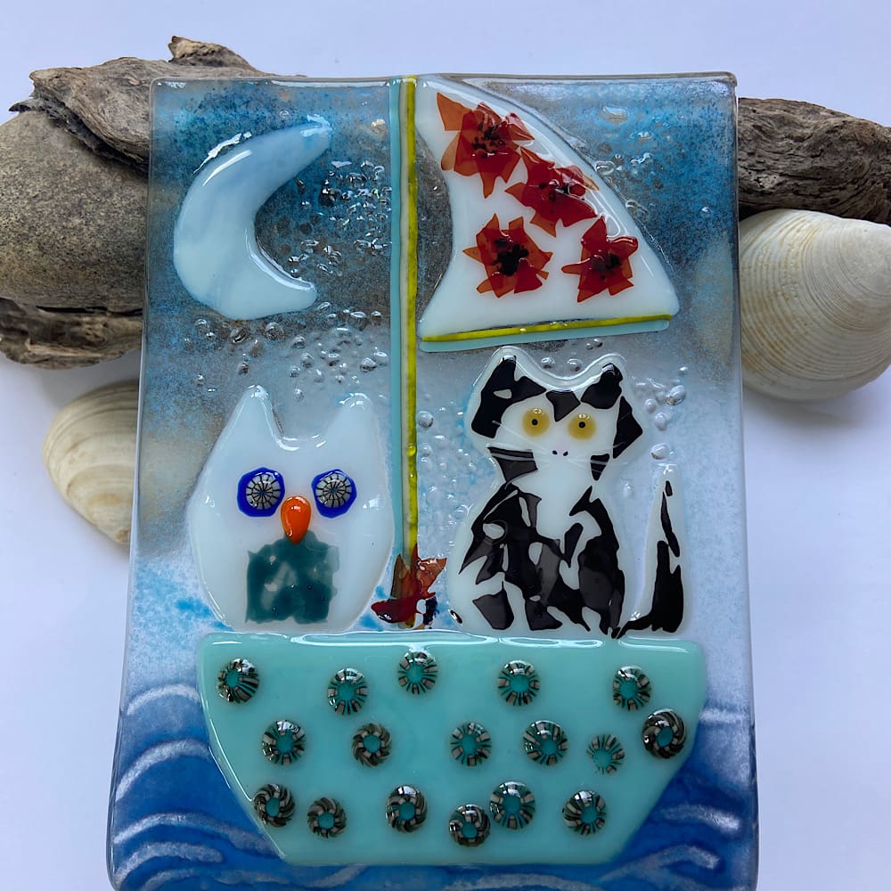 Fused glass owl and cat