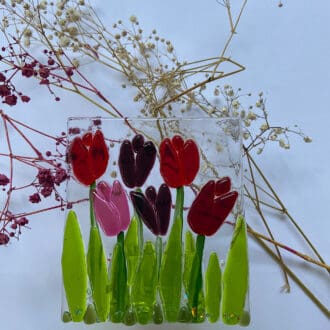 Fused glass tulip design tea light holder