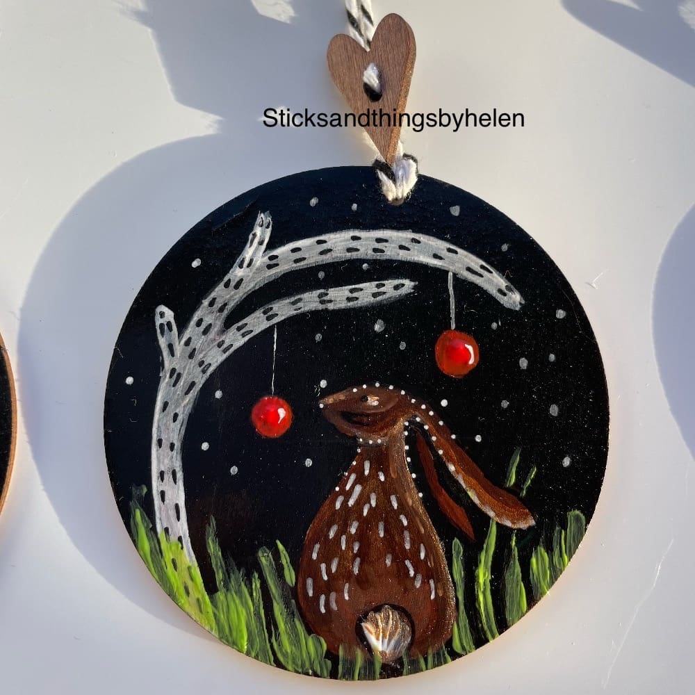 Hand painted Hare and Tree with 2 hanging baubles