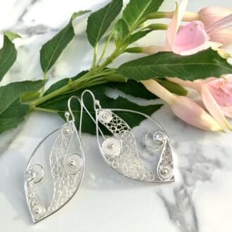 Handcrafted designer earrings in silver filigree lace with topaz