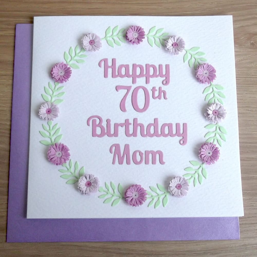 Handmade birthday card with lilac quilled flowers personalised