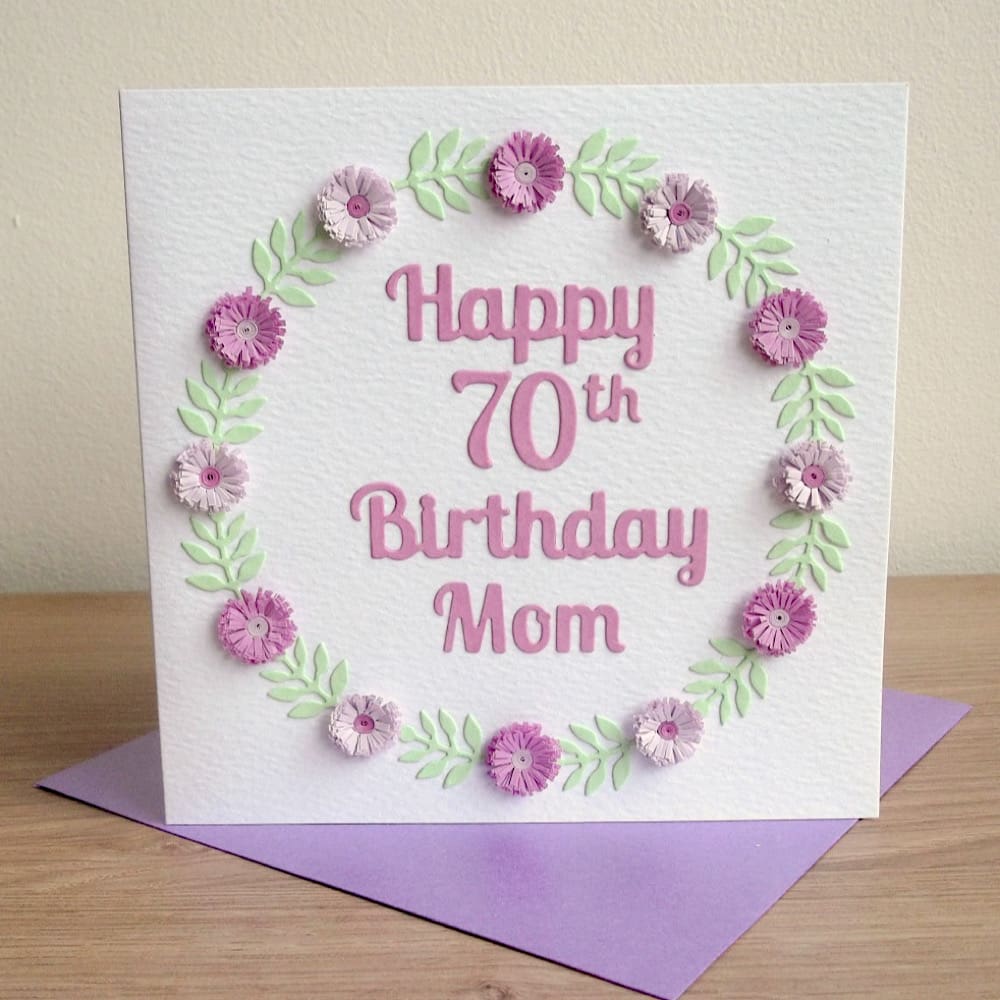 Handmade 70th birthday card with lilac quilled flowers