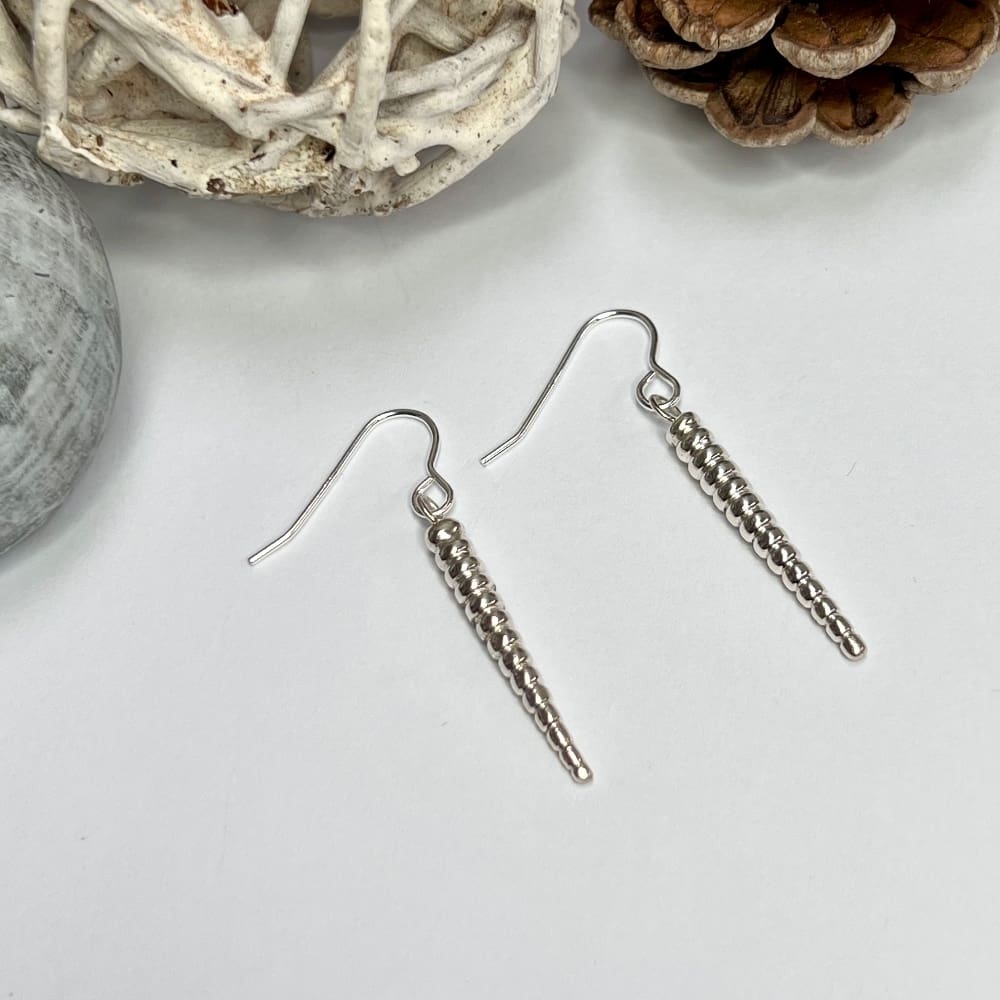 Handmade silver drop earrings with beaded texture effect, modern minimalist earrings