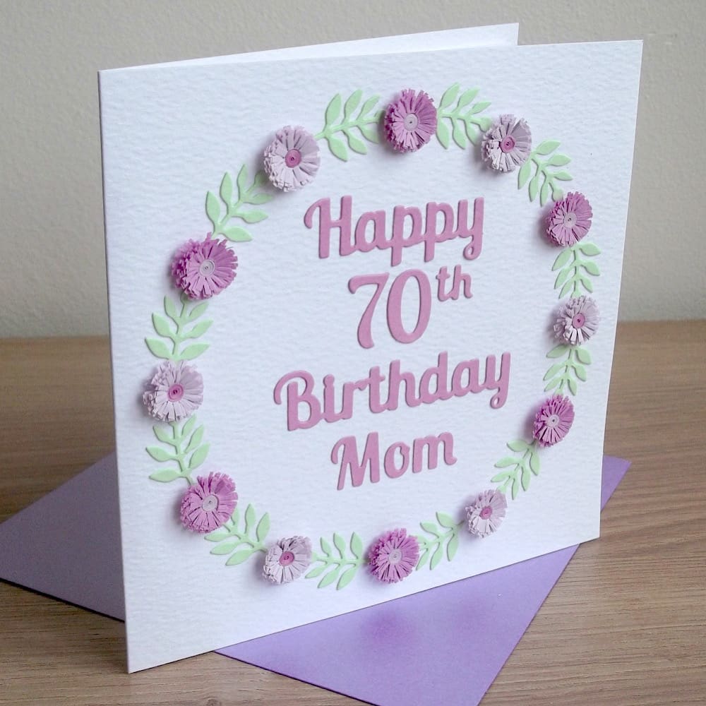 Handmade 70th birthday card with lilac quilled flowers