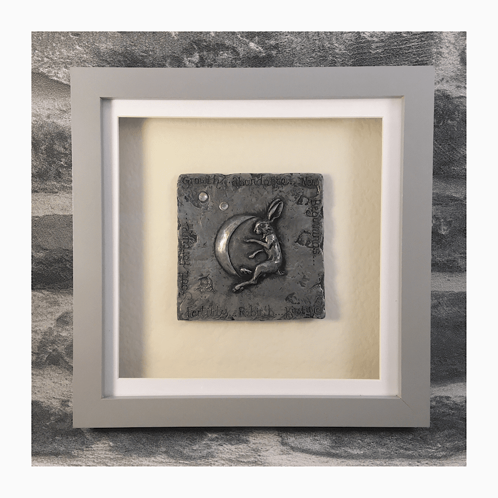 Hare and Moon design cold-cast pewter plaque mounted in a square box frame. Sculpted by Kirsty Armstrong