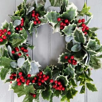 Faux Holly and Lamb's ear traditional christmas wreath