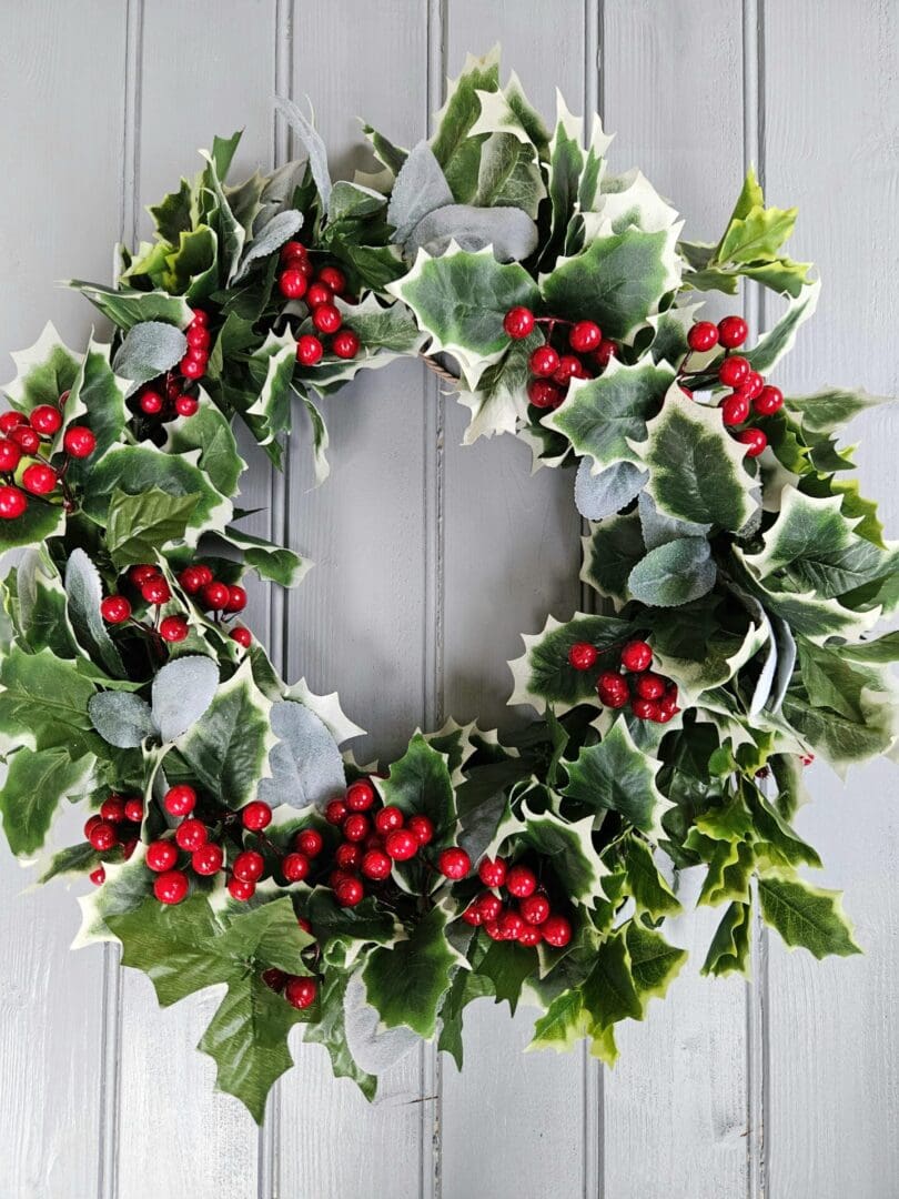 Faux Holly and Lamb's ear traditional christmas wreath