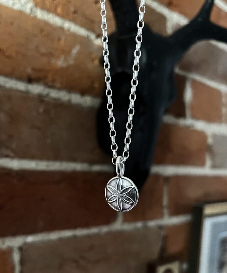 a small silver pendant is hanging on a chain in front of a brick wall. You can see the outline of a black resin skull in the background