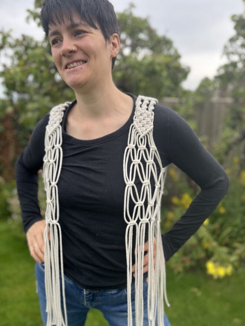 Macrame waistcoat handmade using eco friendly recycled cotton