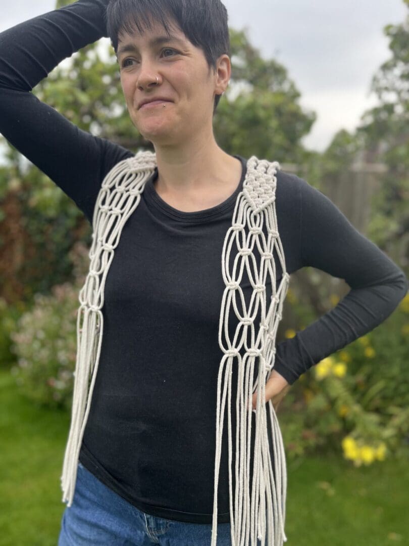 Macrame waistcoat handmade using eco friendly recycled cotton