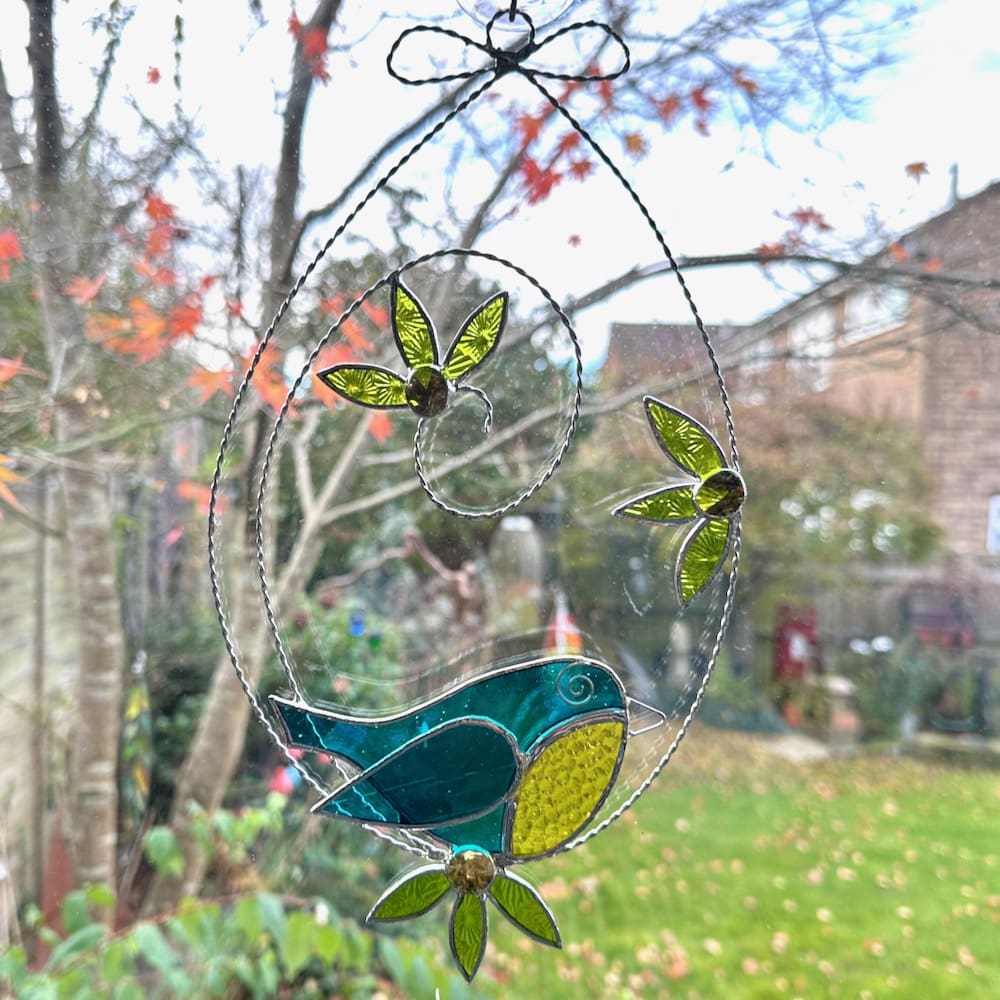 blue tit and flower suncatcher