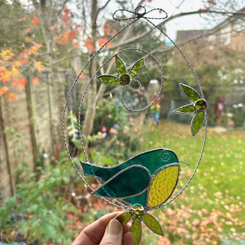 blue tit and flower suncatcher