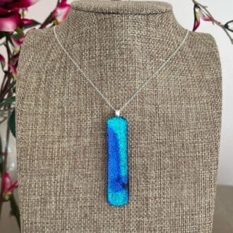 Long sparkly turquoise blue dichroic glass pendant