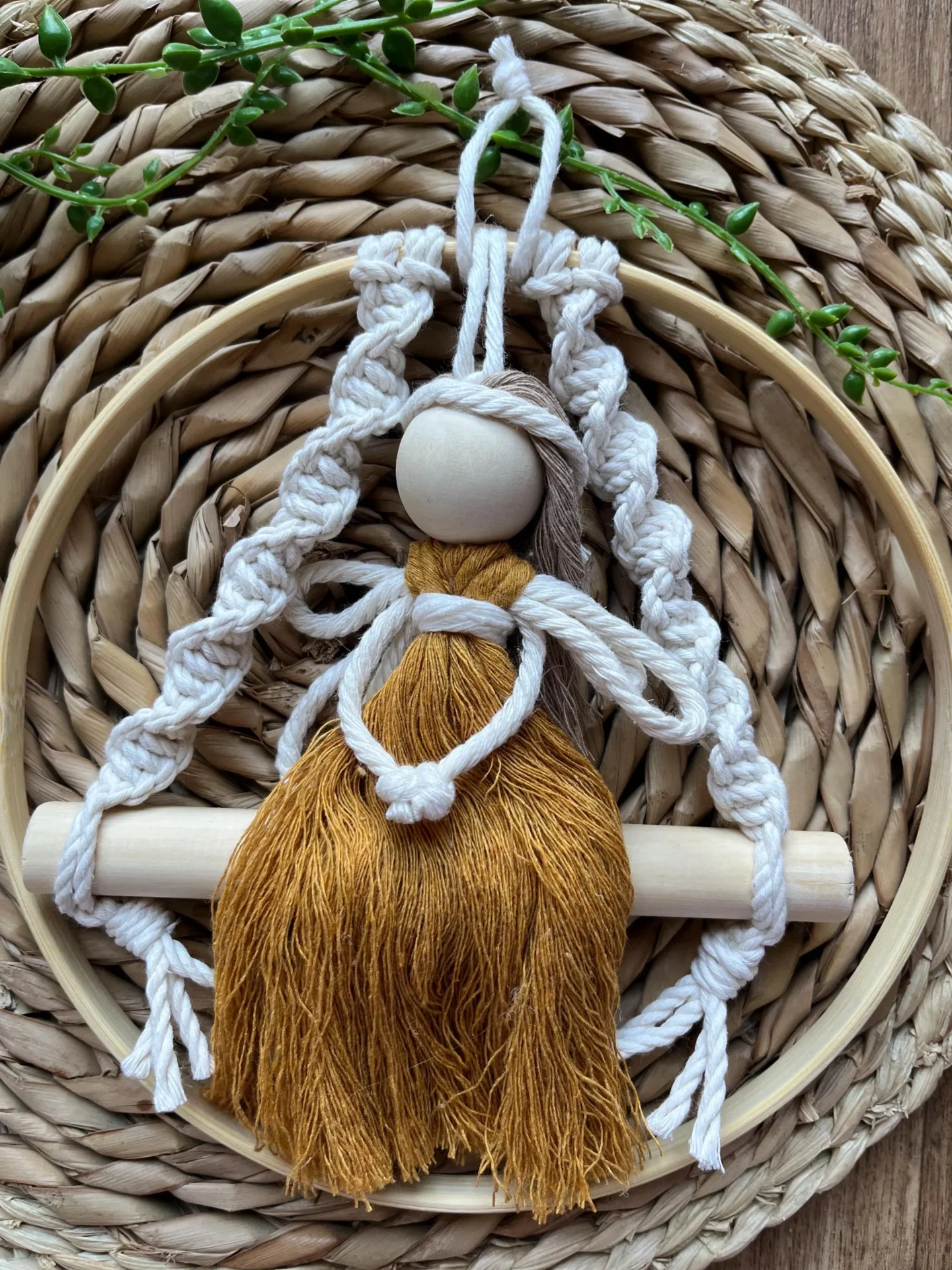 Macrame fairy on a swing hanging decoration made with recycled cotton