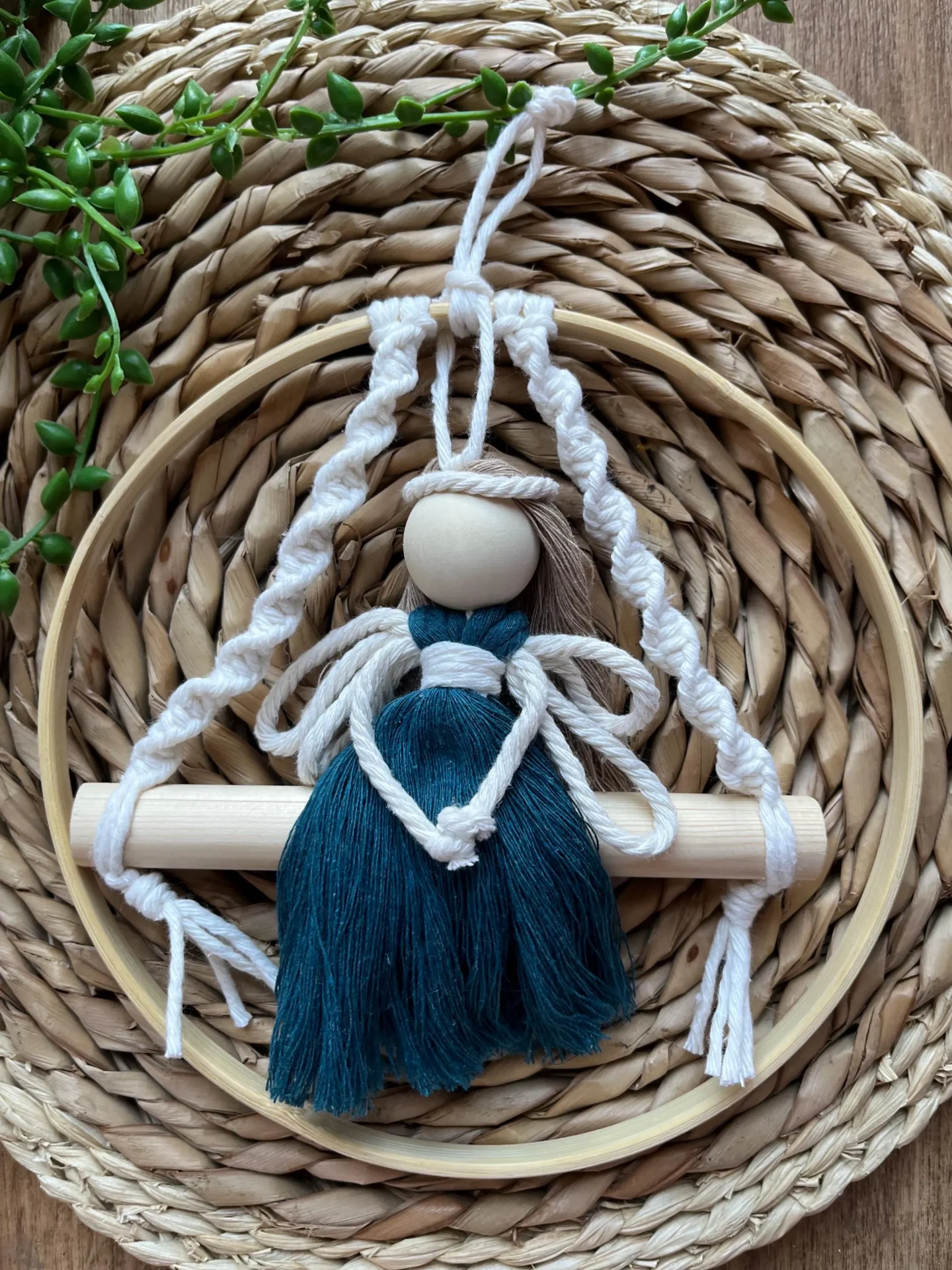 Macrame fairy on a swing hanging decoration made with recycled cotton