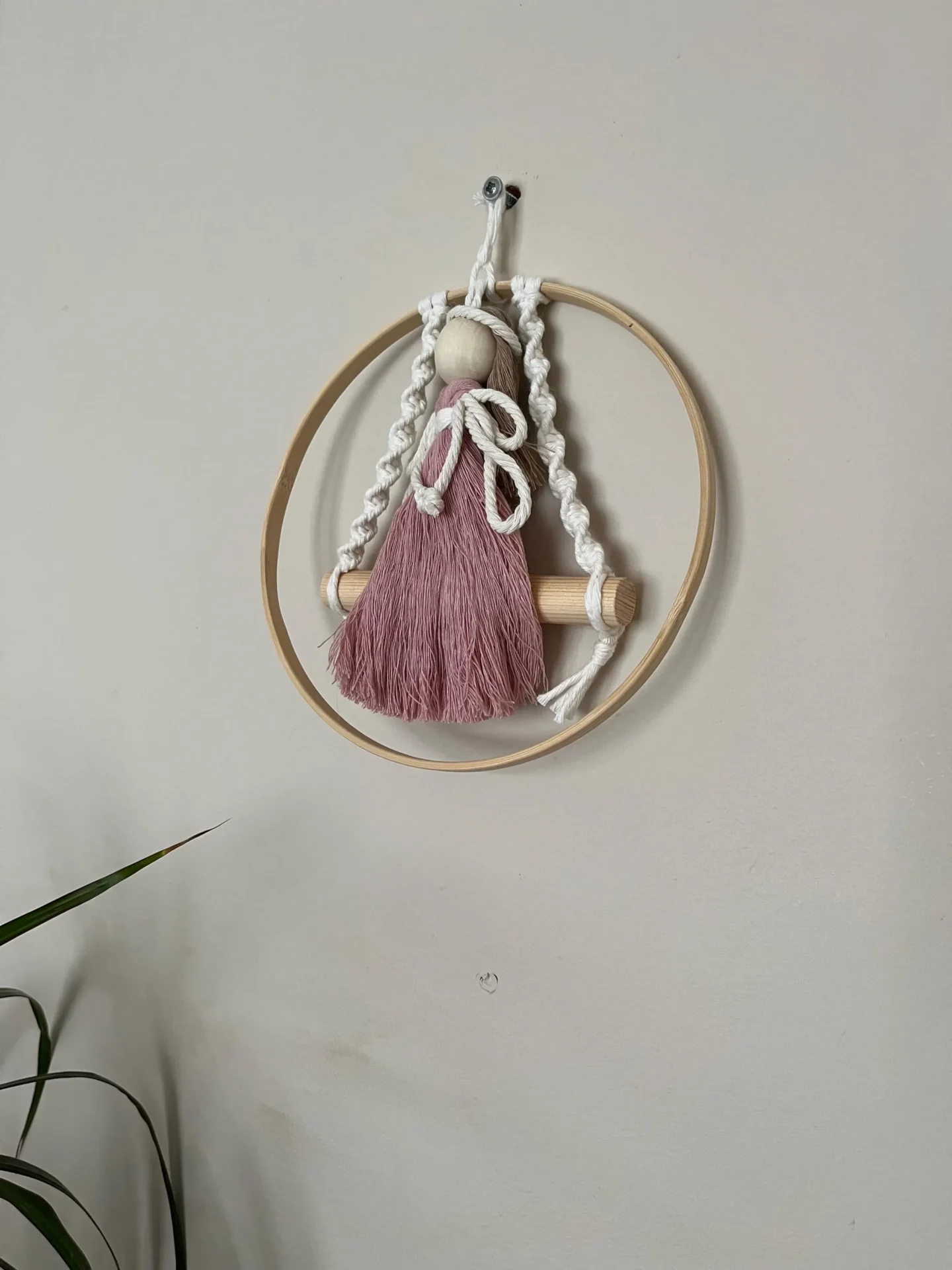 Macrame fairy on a swing hanging decoration made with recycled cotton