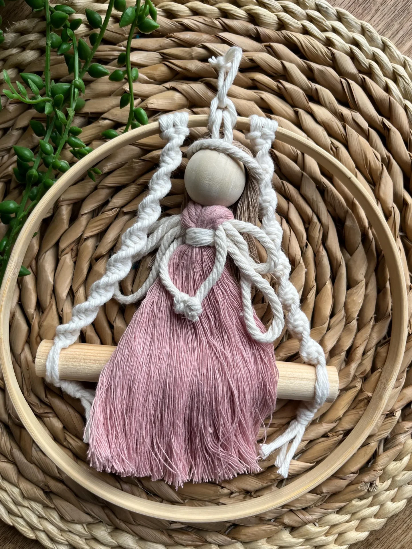 Macrame fairy on a swing hanging decoration made with recycled cotton