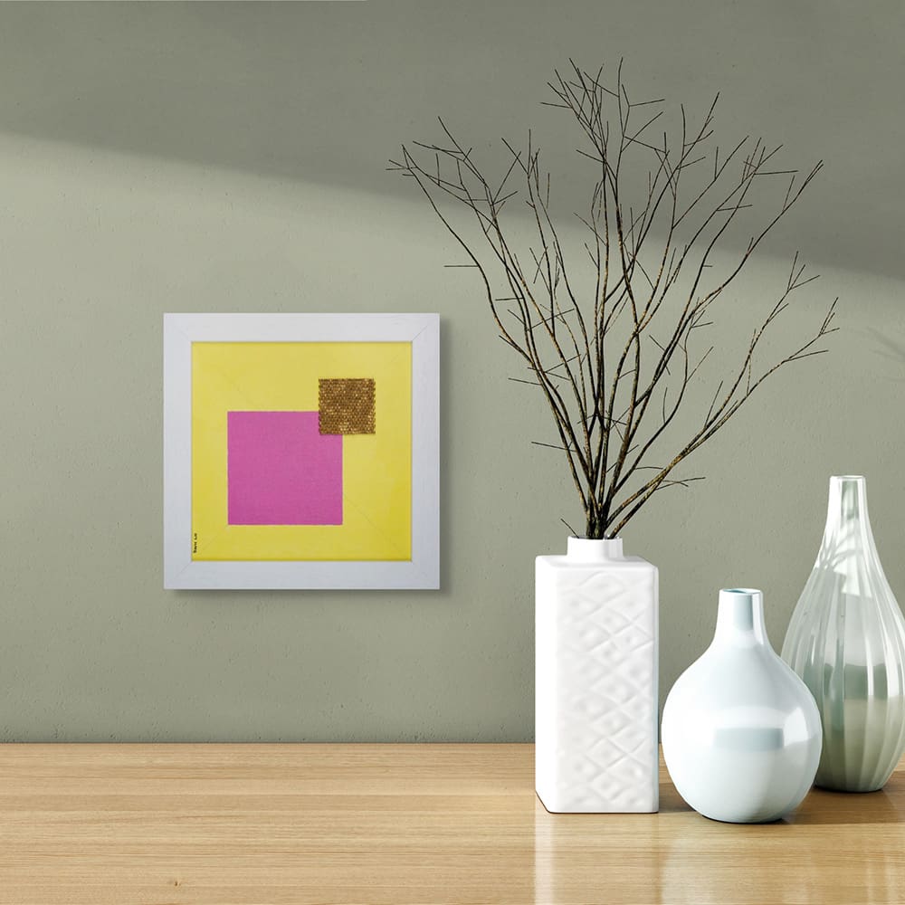 Muons I Abstract Geometric Painting with 24kt Gold Coated Beads with vases