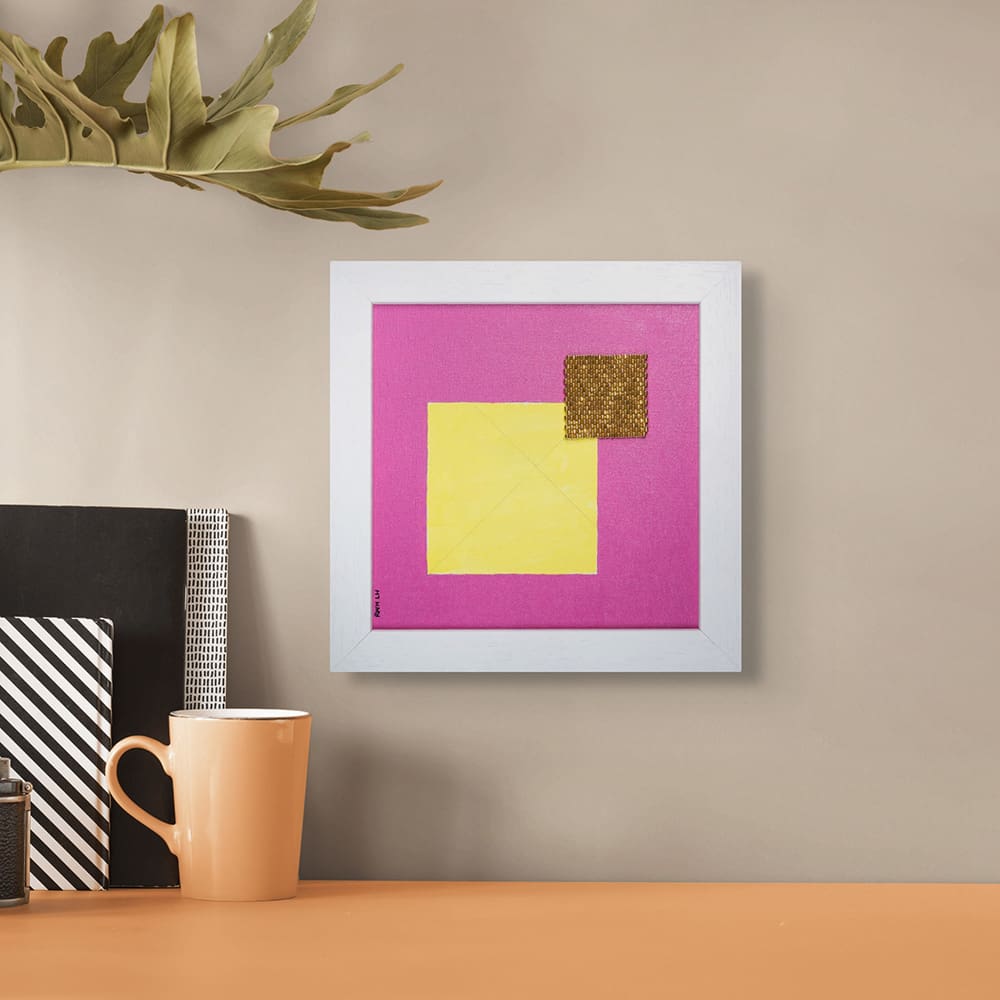 Muons II Abstract Geometric Painting with 24kt Gold Coated Beads on wall