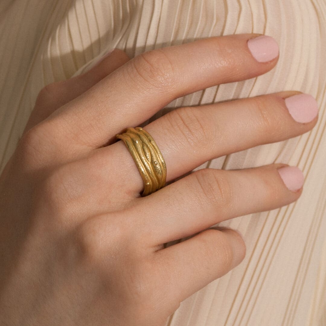 My Jewellery Garden Handmade 18k Gold Textured Ocean Wave Ring Band Wedding