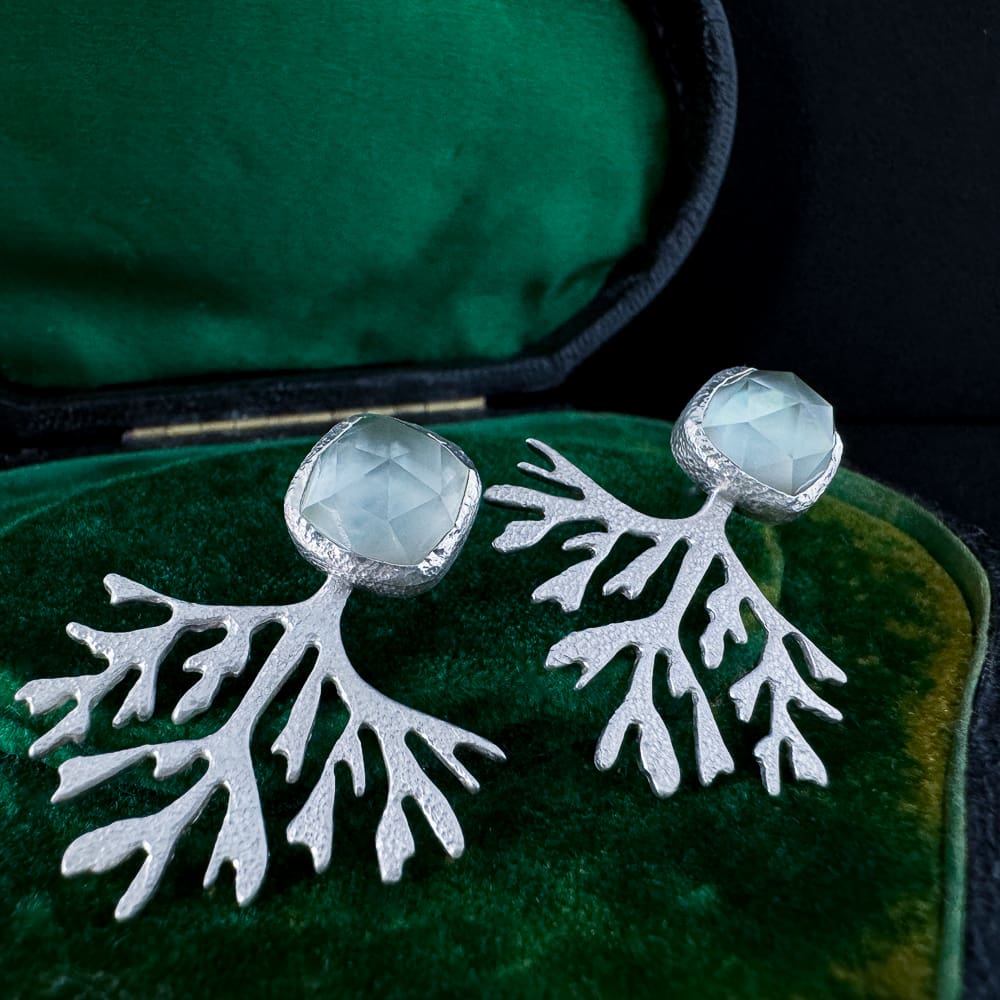 Handmade Textured Sterling Silver Seaweed Earrings with Cushion Rose Cut Green Amethyst and Mother of Pearl | Bridal Jewellery