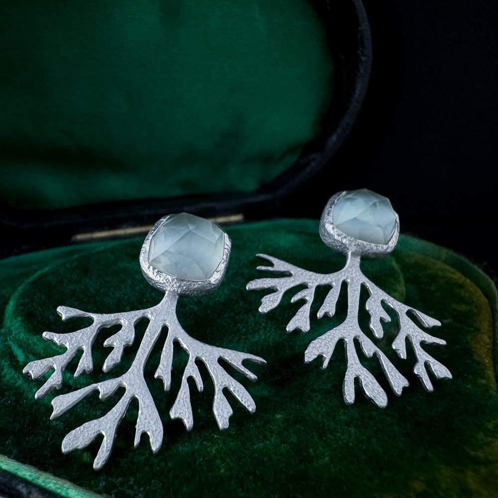 Handmade Textured Sterling Silver Seaweed Earrings with Cushion Rose Cut Green Amethyst and Mother of Pearl | Bridal Jewellery