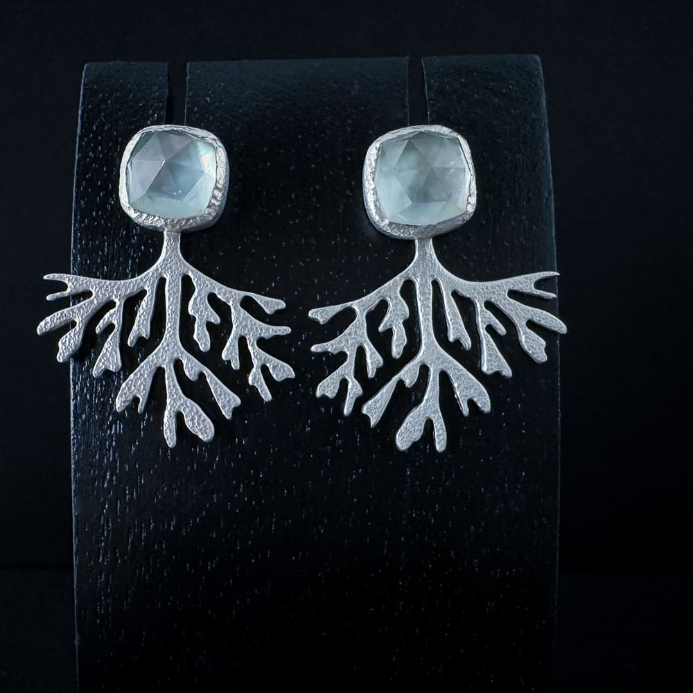 Handmade Textured Sterling Silver Seaweed Earrings with Cushion Rose Cut Green Amethyst and Mother of Pearl | Bridal Jewellery